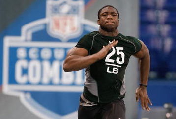 INDIANAPOLIS, IN - FEBRUARY 23:  Linebacker Clint Sintim of Virginia runs the 40 yard dash during the NFL Scouting Combine presented by Under Armour at Lucas Oil Stadium on February 23, 2009 in Indianapolis, Indiana. (Photo by Scott Boehm/Getty Images)