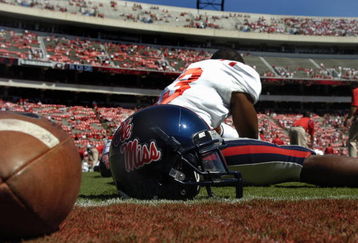 ATHENS, GA - SEPTEMBER 29: Wide receiver Shay Hodge #3 of the Mississippi Rebels stretches before play against the Georgia Bulldogs at Sanford Stadium on September 29, 2007 in Athens, Georgia.  Georgia won 45 - 17. (Photo by Al Messerschmidt/Getty Images)