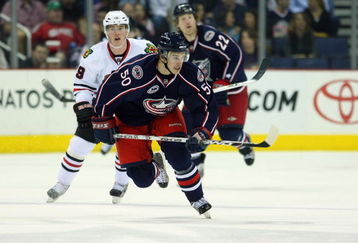 COLUMBUS, OH - MARCH 18:  Antoine Vermette #50 of the Columbus Blue Jackets skates against the Chicago Blackhawks during the game on March 18, 2009 at the Nationwide Arena in Columbus, Ohio. (Photo by Bruce Bennett/Getty Images)