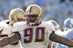 CHAPEL HILL, NC - NOVEMBER 5:  B.J. Raji #90 and Brian Toal of the Boston College Eagles talk after giving up a field goal to the North Carolina Tar Heels during an Atlantic Coast Conference game on November 5, 2005 at Kenan Stadium in Chapel Hill, North Carolina. North Carolina defeated Boston College 16-14.  (Photo by Grant Halverson/Getty Images)