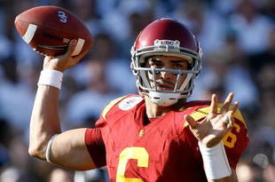PASADENA, CA - JANUARY 01:  Quarterback Mark Sanchez #6 of the USC Trojans passes against the Penn State Nittany Lions during the 95th Rose Bowl Game presented by Citi on January 1, 2009 at the Rose Bowl in Pasadena, California.  (Photo by Harry How/Getty Images)