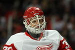 CHICAGO - APRIL 12:  Goalie Chris Osgood #30 of the Detroit Red Wings looks on against the Chicago Blackhawks at the United Center on April 12, 2009 in Chicago, Illinois.  (Photo by Jonathan Daniel/Getty Images)