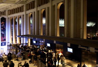 NEW YORK - APRIL 03:  The old Yankee Stadium is seen through the pillars of the Great Hall during the New York Yankees game against the Chicago Cubs at Yankee Stadium on April 3, 2009 in the Bronx borough of New York City.  (Photo by Ezra Shaw/Getty Images)