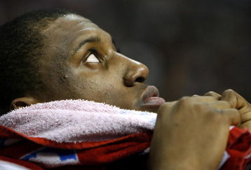 AUBURN HILLS, MI - APRIL 29:  Thaddeus Young #21 of the Philadelphia 76ers looks on from the bench while playing the Detroit Pistons in Game Five of the Eastern Conference Quarterfinals during the 2008 NBA Playoffs at the Palace of Auburn Hills on April 29, 2008 in Auburn Hills, Michigan. Detroit won the game 98-61 to take a 3-2 series lead. NOTE TO USER: User expressly acknowledges and agrees that, by downloading and or using this photograph, User is consenting to the terms and conditions of the Getty Images License Agreement.  (Photo by Gregory Shamus/Getty Images)