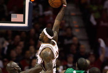CLEVELAND - MAY 12:  LeBron James #23 of the Cleveland Cavaliers dunks over Kevin Garnett #5 of the Boston Celtics in Game Four of the 2008 NBA Eastern Conference Semifinals on May 12, 2008 at the Quicken Loans Arena in Cleveland, Ohio. Cavaliers won 88-77.  NOTE TO USER: User expressly acknowledges and agrees that, by downloading and or using this photograph, User is consenting to the terms and conditions of the Getty Images License Agreement.  (Photo by Gregory Shamus/Getty Images)