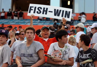 MIAMI - APRIL 06:  A Marlin fans shows his support after the Washington Nationals were defeated by the Florida Marlins on opening day at Dolphin Stadium on April 6, 2009 in Miami, Florida. The Marlins defeated the Nationals 12-5.  (Photo by Doug Benc/Getty Images)