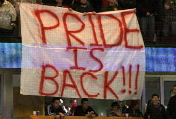 CHICAGO - APRIL 12:  Fans of the Chicago Blackhawks hold up a sign which reads 'Pride is Back' against the Detroit Red Wings at the United Center on April 12, 2009 in Chicago, Illinois. The Blackhawks won 3-0. (Photo by Jonathan Daniel/Getty Images)
