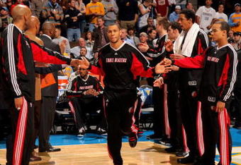 DENVER - MARCH 05:  Brandon Roy #7 of the Portland Trail Blazers is introduced prior to facing the Denver Nuggets during NBA action at the Pepsi Center on March 5, 2009 in Denver, Colorado. The Nuggets defeated the Trail Blazers 106-90. NOTE TO USER: User expressly acknowledges and agrees that, by downloading and/or using this Photograph, user is consenting to the terms and conditions of the Getty Images License Agreement.  (Photo by Doug Pensinger/Getty Images)