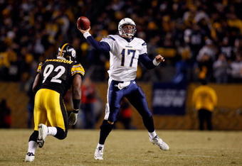 PITTSBURGH - JANUARY 11:  Philip Rivers #17 of the San Diego Chargers throws a pass against James Harrison #92 of the Pittsburgh Steelers during their AFC Divisional Playoff Game on January 11, 2009 at Heinz Field in Pittsburgh, Pennsylvania.  (Photo by Chris Graythen/Getty Images)