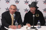 HOUSTON, TX - APRIL 5:  (L-R) Former professional wrestler Ricky 'The Dragon' Steamboat looks on as actor Mickey Rourke discusses his wishes to not get involved in a match with WWE Superstar Chris Jericho during a press conference before WrestleMania 25 at Reliant Stadium on April 5, 2009 in Houston, Texas.  (Photo by Bill Olive/Getty Images)