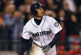 SEATTLE - APRIL 15:  Ichiro Suzuki of the Seattle Mariners watches his grand slam against the Los Angeles Angels of Anaheim at Safeco Field April 15, 2009 in Seattle, Washington. The hit tied him with Isao Harimoto, the current all-time hits leader among Japanese players. All Major League Baseball players are wearing #42 in honor of Jackie Robinson day.  (Photo by Otto Greule Jr/Getty Images)