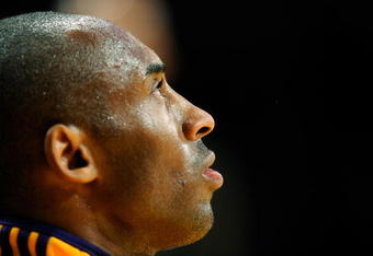 LOS ANGELES, CA - APRIL 9:  Kobe Bryant #24 of the Los Angeles Lakers waits to be introduced before the start of the game against the Denver Nuggets at Staples Center April 9, 2009 in Los Angeles, California.  NOTE TO USER: User expressly acknowledges and agrees that, by downloading and/or using this Photograph, user is consenting to the terms and conditions of the Getty Images License Agreement.  (Photo by Kevork Djansezian/Getty Images)