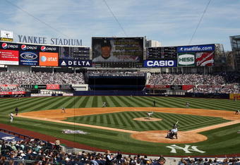 NEW YORK - APRIL 16:  The Cleveland Indians take on the New York Yankees during opening day at the new Yankee Stadium on April 16, 2009 in the Bronx borough of New York City. This is the first regular season MLB game being played at the new venue which replaced the old Yankee Stadium as the Yankees home field.  (Photo by Nick Laham/Getty Images)