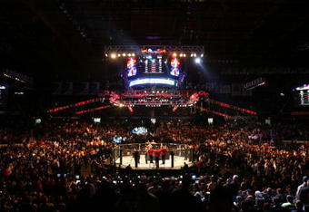 CHICAGO- OCTOBER 25:  People attend the UFC 90 at UFC's Ultimate Fight Night at Allstate Arena on October 25, 2008 in Chicago, Illinois. (Photo by Tasos Katopodis/Getty Images)