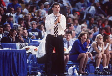 28 JAN 1995:  CONNECTICUT HEAD COACH GENO AURIEMMA WATCHES HIS TEAM FROM THE SIDELINES DURING THEIR 97-87 WIN OVER KANSAS AT ALLEN FIELDHOUSE IN LAWRENCE, KANSAS. Mandatory Credit: SCOTT INDERMAUR/ALLSPORT