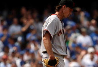 LOS ANGELES, CA - APRIL 13:  Pitcher Randy Johnson #51 of the San Francisco Giants reacts after giving up a home run to Andre Ethie #16 of the Los Angeles Dodgers in the fourth inning on April 13, 2009 at Dodger Stadium in Los Angeles, California.  (Photo by Stephen Dunn/Getty Images)