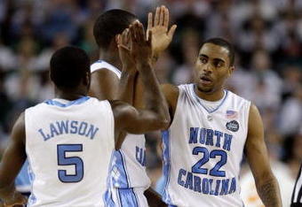 DETROIT - APRIL 06:  (L-R) Ty Lawson #5 and Wayne Ellington #22 of the North Carolina Tar Heels celebrate a play in the first half againnst the Michigan State Spartans during the 2009 NCAA Division I Men's Basketball National Championship game at Ford Field on April 6, 2009 in Detroit, Michigan.  (Photo by Andy Lyons/Getty Images)