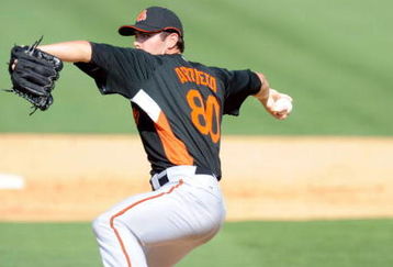 JUPITER, FL - FEBRUARY 27: Jake Arrieta #80 of the Baltimore Orioles pitches against the Florida Marlins during a spring training game at Roger Dean Stadium on February 27, 2009 in Jupiter, Florida. (Photo by Rob Tringali/Getty Images)