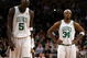 BOSTON - FEBRUARY 08: Paul Pierce #34 and Kevin Garnett #5 of the Boston Celtics react after losing to the San Antonio Spurs on February 8, 2009 at TD Banknorth Garden in Boston, Massachusetts. The Spurs defeated the Celtics 105-99. NOTE TO USER: User expressly acknowledges and agrees that, by downloading and or using this Photograph, user is consenting to the terms and conditions of the Getty Images License Agreement. (Photo by Elsa/Getty Images)