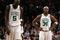 BOSTON - FEBRUARY 08:  Paul Pierce #34 and Kevin Garnett #5 of the Boston Celtics react after losing to the San Antonio Spurs on February 8, 2009 at TD Banknorth Garden in Boston, Massachusetts. The Spurs defeated the Celtics 105-99. NOTE TO USER: User expressly acknowledges and agrees that, by downloading and or using this Photograph, user is consenting to the terms and conditions of the Getty Images License Agreement.  (Photo by Elsa/Getty Images)