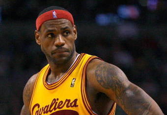BOSTON, MA - MARCH 6: LeBron James #23 of the Cleveland Cavaliers reacts in the fourth quarter during a game against the Boston Celtics at the TD Banknorth Garden on March 6, 2009 in Boston, Massachusetts. The Celtics won 105-94. NOTE TO USER: User expressly acknowledges and agrees that, by downloading and/or using this Photograph, user is consenting to the terms and conditions of the Getty Images License Agreement. (Photo by Jim Rogash/Getty Images)