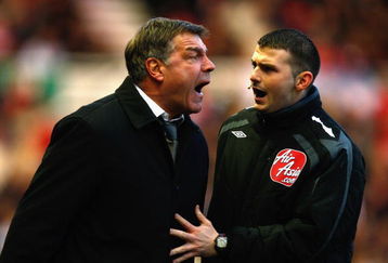 MIDDLESBROUGH, UNITED KINGDOM - JANUARY 31:   Sam Allardyce, the Blackburn manager, is restrained by the fourth official during the Barclays Premier League match between Middlesbrough and Blackburn Rovers at the Riverside Stadium on January 31, 2009 in Middlesbrough, England.  (Photo by Mark Thompson/Getty Images)