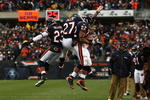 CHICAGO - NOVEMBER 09:  (L-R) Devin Hester #23, Kevin Jones #27 and Matt Forte #22 of the Chicago Bears celebrate after Forte scored a on 5-yard touchdown reception in the first quarter against the Tennessee Titans at Soldier Field on November 9, 2008 in Chicago, Illinois.  (Photo by Jonathan Ferrey/Getty Images)