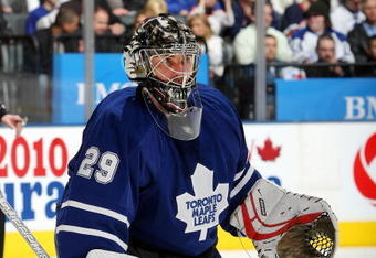 TORONTO - MARCH 7:  Martin Gerber #29 of the Toronto Maple Leafs keeps an eye on play against the Edmonton Oilers during their NHL game at the Air Canada Centre March 7, 2009 in Toronto, Ontario, Canada.  (Photo By Dave Sandford/Getty Images)