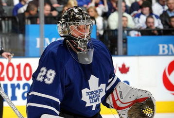 TORONTO - MARCH 7:  Martin Gerber #29 of the Toronto Maple Leafs keeps an eye on play against the Edmonton Oilers during their NHL game at the Air Canada Centre March 7, 2009 in Toronto, Ontario, Canada.  (Photo By Dave Sandford/Getty Images)