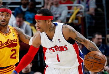 CLEVELAND - FEBRUARY 22:  Allen Iverson #1 of the Detroit Pistons moves past Mo Williams #2 of the Cleveland Cavaliers during the game on February 22, 2009 at the Quicken Loans Arena in Cleveland, Ohio.  The Cavaliers won 99-78.  NOTE TO USER: User expressly acknowledges and agrees that, by downloading and or using this photograph, User is consenting to the terms and conditions of the Getty Images License Agreement.  (Photo by Gregory Shamus/Getty Images)