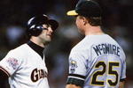 SAN FRANCISCO - OCTOBER:  Will Clark #22 of the San Francisco Giants has words with Mark McGwire #25 of the Oakland Athletics during the 1989 World Series at Candlestick Park in October 1989 in San Francisco, California.  (Photo by Otto Greule Jr/Getty Images)