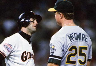 SAN FRANCISCO - OCTOBER:  Will Clark #22 of the San Francisco Giants has words with Mark McGwire #25 of the Oakland Athletics during the 1989 World Series at Candlestick Park in October 1989 in San Francisco, California.  (Photo by Otto Greule Jr/Getty Images)