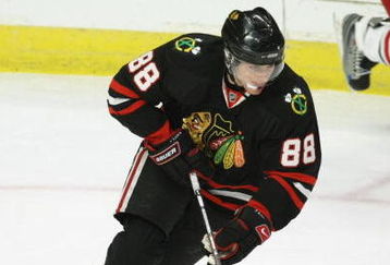 CHICAGO - APRIL 08:  Patrick Kane #88 of the Chicago Blackhawks skates with the puck against the Columbus Blue Jackets during their game on April 8, 2009 at the United Center in Chicago, Illinois. The Blue Jackets defeated the Blackhawks 4-3 in a shoot out. (Photo by Jonathan Daniel/Getty Images)