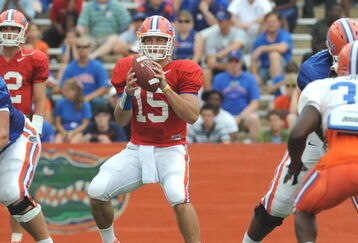 GAINESVILLE, FL - APRIL 18: Quarterback Tim Tebow #15 of the University of Florida passes upfield during the spring football Orange and Blue game April 18, 2009 at Ben Hill Griffin Stadium in Gainesville, Florida.  (Photo by Al Messerschmidt/Getty Images)
