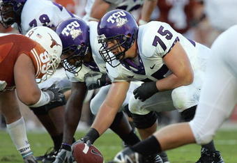 AUSTIN, TX - SEPTEMBER 8:  Blake Schlueter #75 of the TCU Horned Frogs waits to snap the ball during their game against the Texas Longhorns on September 8, 2007 at Darren K. Royal Stadium in Austin, Texas.  Texas won 34-13.  (Photo by Brian Bahr/Getty Images)