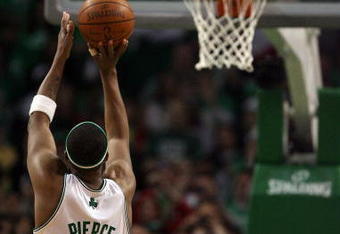 BOSTON - APRIL 18:  Paul Pierce #34 of the Boston Celtics hits a free throw at the end of regulation to send the game into overtime against the Chicago Bulls in Game One of the Eastern Conference Quarterfinals during the 2009 NBA Playoffs at TD Banknorth Garden on April 18, 2009 in Boston, Massachusetts. The Chicago Bulls defeated the Boston Celtics 105-103 in overtime. NOTE TO USER: User expressly acknowledges and agrees that, by downloading and or using this photograph, User is consenting to the terms and conditions of the Getty Images License Agreement. (Photo by Elsa/Getty Images)