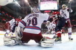WASHINGTON - APRIL 18: Henrik Lundqvist #30 of the New York Rangers makes the save as Alex Ovechkin #8 of the Washington Capitals looks for a rebound during Game Two of the Eastern Conference Quarterfinal Round of the 2009 NHL Stanley Cup Playoffs at Verizon Center on April 18, 2009 in Washington, DC. Dan Girardi #5 of the Rangers also helps out. The Rangers defeated the Capitals 1-0. (Photo by Bruce Bennett/Getty Images)