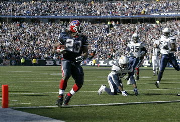 ORCHARD PARK, NY - OCTOBER 19: Marshawn Lynch #23 of the Buffalo Bills scores Buffalo's second touchdown against the San Diego Chargers on October 19, 2008 at Ralph Wilson Stadium in Orchard Park, New York. Buffalo won 23-14. (Photo by Rick Stewart/Getty Images)