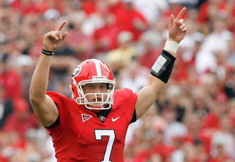 ATHENS, GA - OCTOBER 11: Matthew Stafford #7 of the Georgia Bulldogs celebrates on the field during the game against the Tennessee Volunteers at Sanford Stadium on October 11, 2008 in Athens, Georgia.  (Photo by Kevin C. Cox/Getty Images)