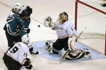 SAN JOSE, CA - APRIL 16:  Jonas Hiller #1 of the Anaheim Ducks makes a save against the San Jose Sharks during Game One of the Western Conference Quarterfinals of the 2009 Stanley Cup Playoffs at HP Pavilion at San Jose April 16, 2009 in San Jose, California.  (Photo by Jed Jacobsohn/Getty Images)