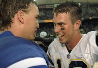 4 Oct 1998:  Quarterback Ryan Leaf #16 of the San Diego Chargers greets quarterback Peyton Manning #18 of the Indianapolis Colts following a game at the RCA Dome in Indianapolis, Indiana. The Colts defeated the Chargers 17-12. Mandatory Credit: Vincent La