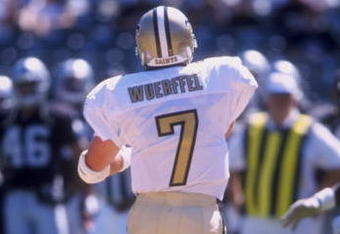 16 Aug 1997: Danny Wuerffel #7 of the New Orleans Saints in action during a game against the Oakland Raiders at the UMAX Coliseum in Oakland, California. The Raiders defeated the Saints 18-16.