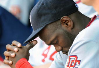 ATLANTA - APRIL 12: Outfielder Elijah Dukes #34 of the Washington Nationals ponders three loses against the Atlanta Braves April 12, 2009 at Turner Field in Atlanta, Georgia.  (Photo by Al Messerschmidt/Getty Images)