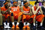 MEMPHIS, TN - MARCH 27:  (L-R) Jonny Flynn #10, Arinze Onuaku #21, Paul Harris #11 and Andy Rautins #1 of the Syracuse Orange sit on the bench late in the second half before losing to the Oklahoma Sooners during the NCAA Men's Basketball Tournament South Regionals at the FedExForum on March 27, 2009 in Memphis, Tennessee. The Sooners defeated the Orange 84-71.  (Photo by Joe Murphy/Getty Images)