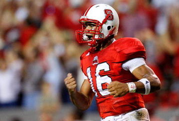 RALEIGH, NC - OCTOBER 16:  Quarterback Russell Wilson #16 of the North Carolina State Wolfpack celebrates after a touchdown against the Florida State Seminoles during the game at Carter-Finley Stadium on September 16, 2008 in Raleigh, North Carolina.  (Photo by Kevin C. Cox/Getty Images)