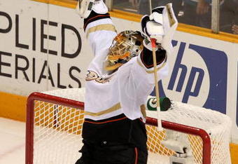 SAN JOSE, CA - APRIL 19:  Jonas Hiller #1 of the Anaheim Ducks celebrates after defeating the San Jose Sharks during Game Two of the Western Conference Quarterfinals of the 2009 Stanley Cup Playoffs on April 19, 2009 at HP Pavilion in San Jose, California.  (Photo by Jed Jacobsohn/Getty Images)