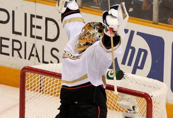 SAN JOSE, CA - APRIL 19:  Jonas Hiller #1 of the Anaheim Ducks celebrates after defeating the San Jose Sharks during Game Two of the Western Conference Quarterfinals of the 2009 Stanley Cup Playoffs on April 19, 2009 at HP Pavilion in San Jose, California.  (Photo by Jed Jacobsohn/Getty Images)