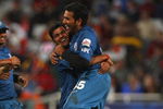 CAPE TOWN, SOUTH AFRICA - APRIL 19:  RP Singh (L) congratulates Rohit Sharma (R) of the Deccan Chargers after running out Ajit Agarkar of Kolkata during the IPL T20 match between Deccan Chargers and Kolkata Knight Riders on April 19, 2009 in Cape Town, South Africa.  (Photo by Tom Shaw/Getty Images)
