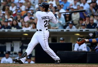 SAN DIEGO - APRIL 06:  Adrian Gonzalez #23 of the San Diego Padres bats against the Los Angeles Dodgers on April 6, 2009 at Petco Park in San Diego, California.  The Dodgers won 4-1.  (Photo by Stephen Dunn/Getty Images)
