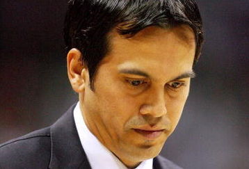 ATLANTA - APRIL 19: Head coach Erik Spoelstra of the Miami Heat reacts after his team falls behind by 28 points to the Atlanta Hawks during Game One of the First Round of the Eastern Conference Playoffs at Philips Arena on April 19, 2009 in Atlanta, Georgia. The Hawks defeated the Heat 90-64. NOTE TO USER: User expressly acknowledges and agrees that, by downloading and/or using this Photograph, user is consenting to the terms and conditions of the Getty Images License Agreement. (Photo by Doug Benc/Getty Images)